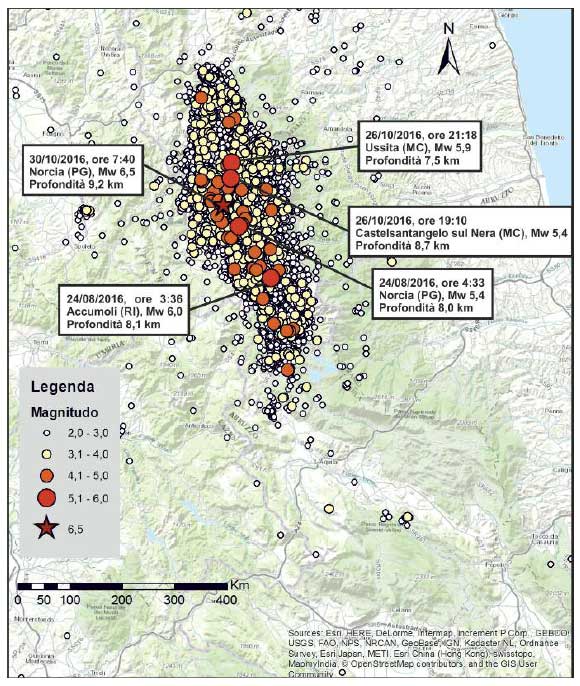 Eventi sismici di Magnitudo maggiore o uguale a 2 registrati nel 2016 dalla Rete Sismica Nazionale dell’INGV nell’area della sequenza sismica del Centro Italia.