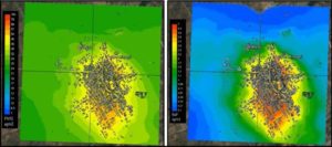 mappe delle concentrazioni medie di PM10 (a sinistra) e di BaP (a destra)