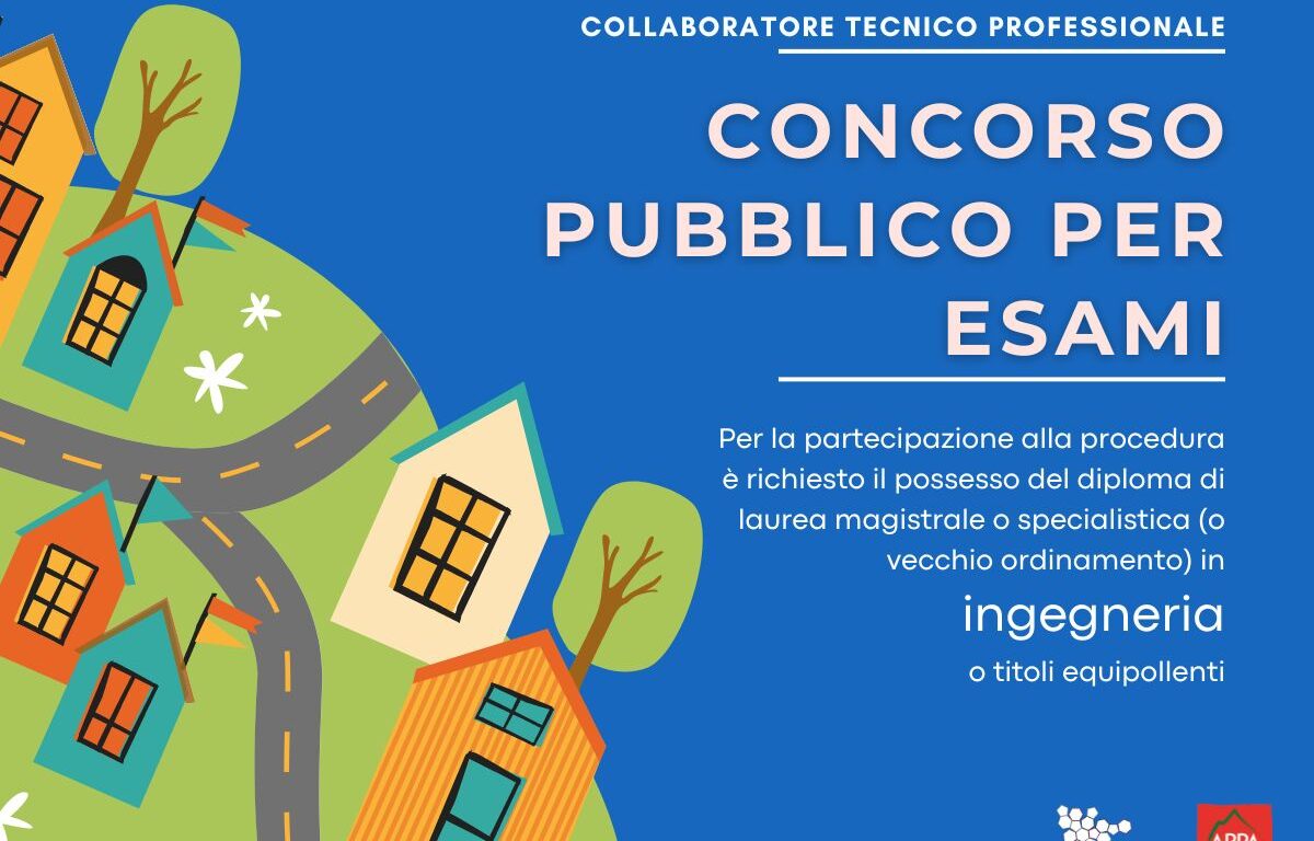 locandina con una grafica sulla sinistra che ricorda una città, con strade, case e alberi stilizzati su una collinetta. Il testo richiama gli estremi del concorso pubblico per esami e la laurea in ingegneria, o equipollente, richiesta per essere ammesso al concorso. In basso a destra i loghi di ARPA VdA e SNPA