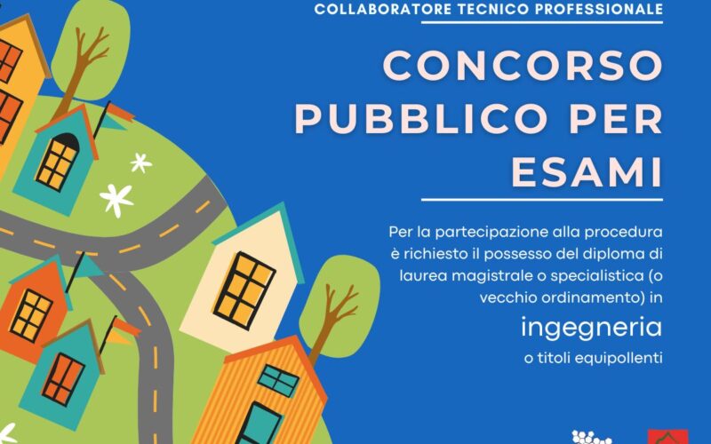 locandina con una grafica sulla sinistra che ricorda una città, con strade, case e alberi stilizzati su una collinetta. Il testo richiama gli estremi del concorso pubblico per esami e la laurea in ingegneria, o equipollente, richiesta per essere ammesso al concorso. In basso a destra i loghi di ARPA VdA e SNPA