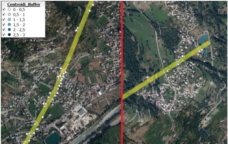 mappa del territorio di Aosta e Sarre che evidenza la zona oggetto di misure e simulazioni riguardante l'esposizione a ELF